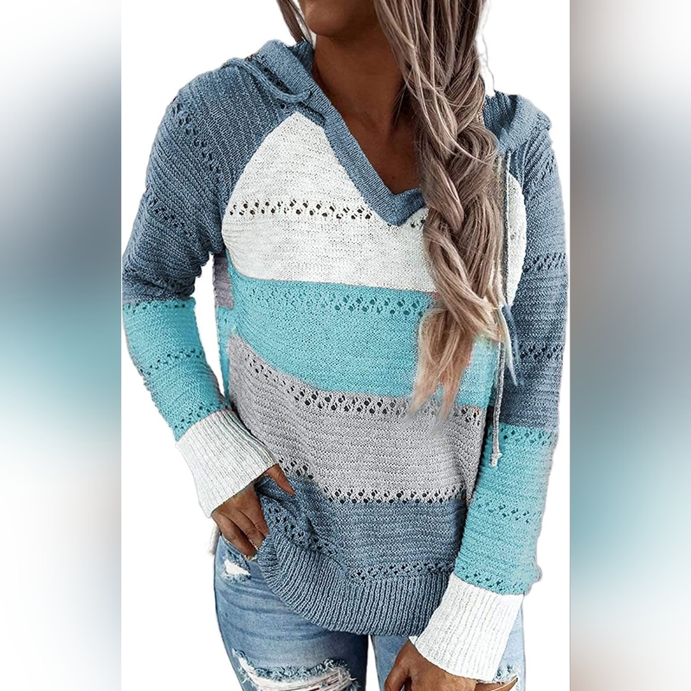 Med Knit Hoodie teal/white/blue/tan